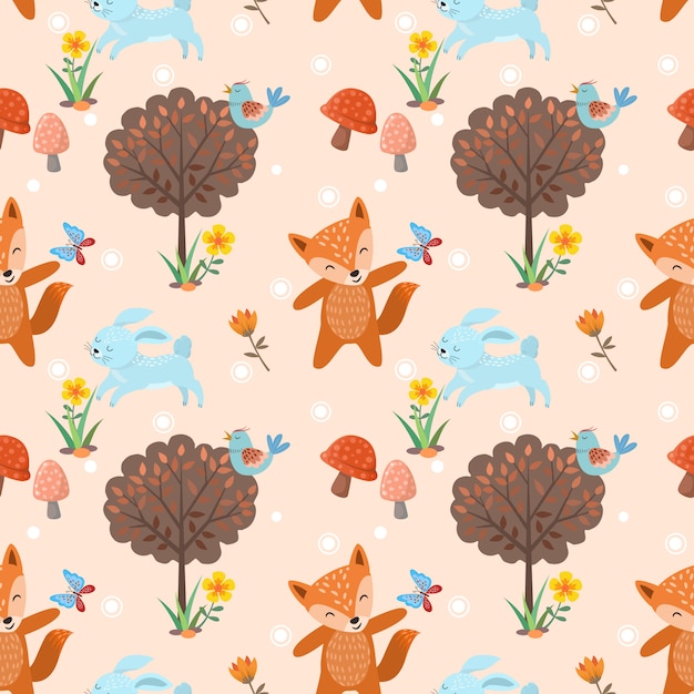Seamless pattern with cute wolf andrabbit in forest. 
