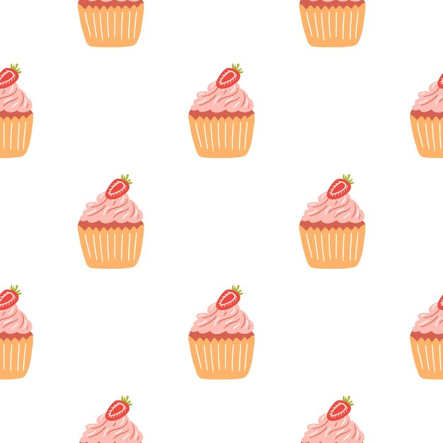 Seamless pattern with delicious cupcake in cartoon style Vector background with sweets dessert pastries