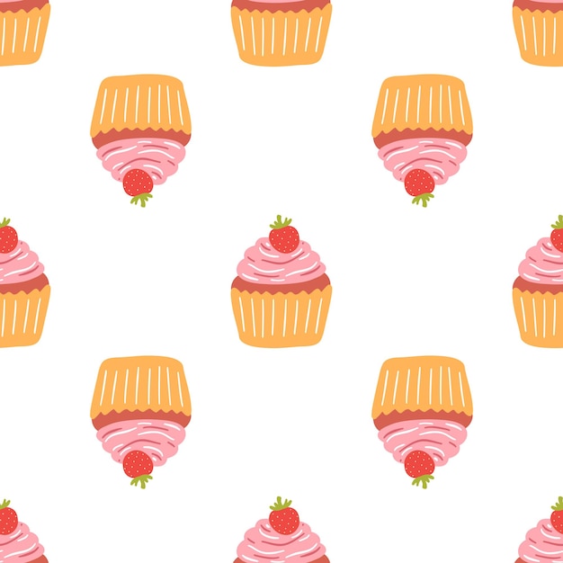 Seamless pattern with delicious cupcake in cartoon style Vector background with sweets dessert pastries