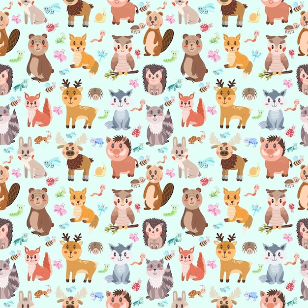Seamless pattern with different kawaii cute forest wild animals boar beaver elk hedgehog