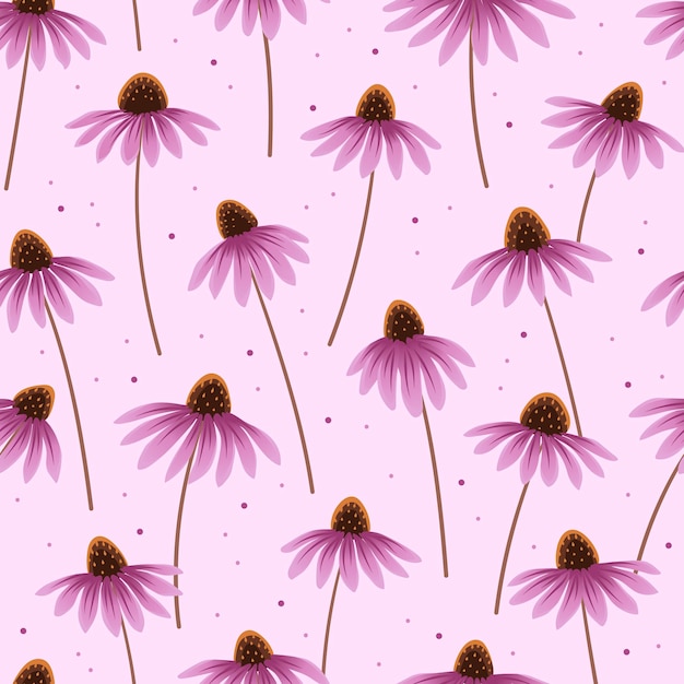 seamless pattern with echinacea on pink background. floral illustration. hand drawn vector texture.