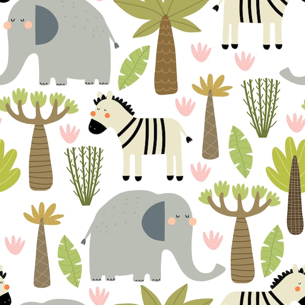 Seamless pattern with elephant zebra