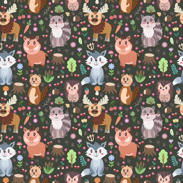 Seamless pattern with flat cute forest wild animals boar beaver elk hedgehog raccoon and wolf