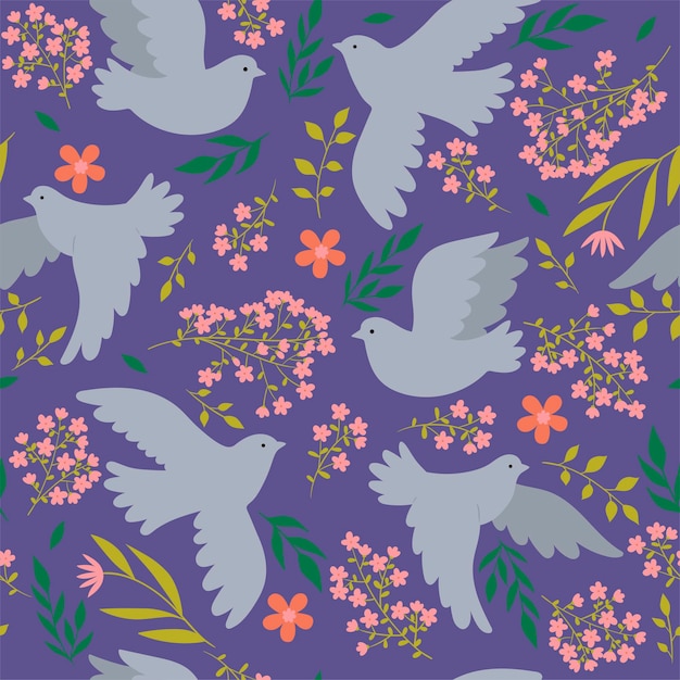 Seamless pattern with flowers and doves. Vector graphics.