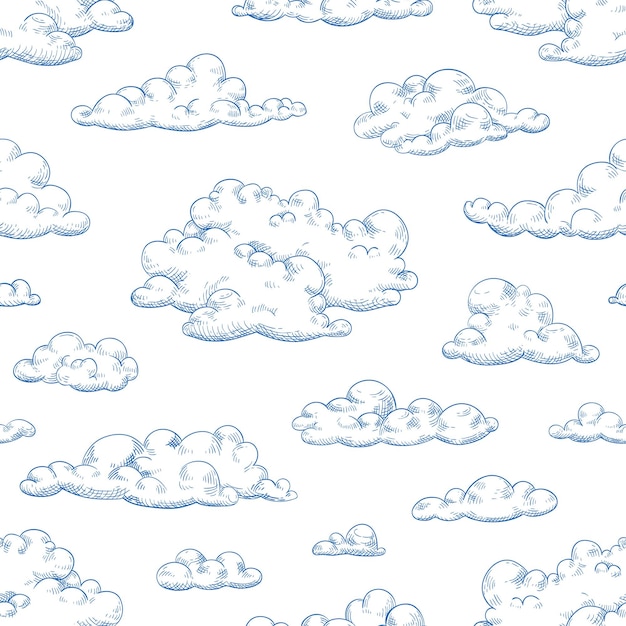 Seamless pattern with fluffy clouds or cumulus. Drawing of cloudy sky. Monochrome background with cloudscape. Vector hand drawn realistic illustration.