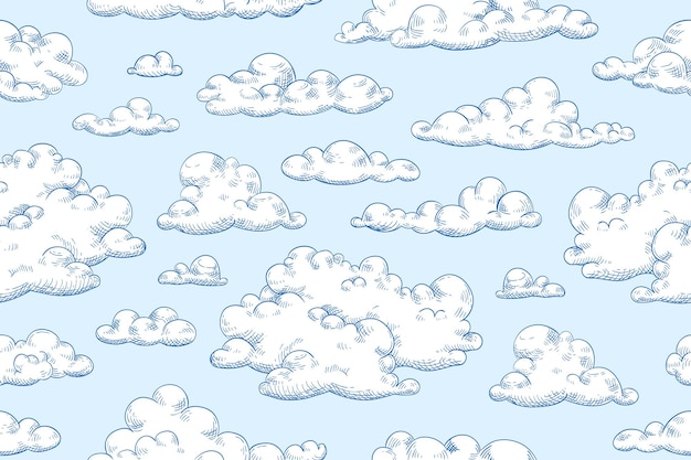 Seamless pattern with fluffy clouds or cumulus. Hand drawn detailed vintage cloudscape. Repeatable background with sky view. Vector illustration.