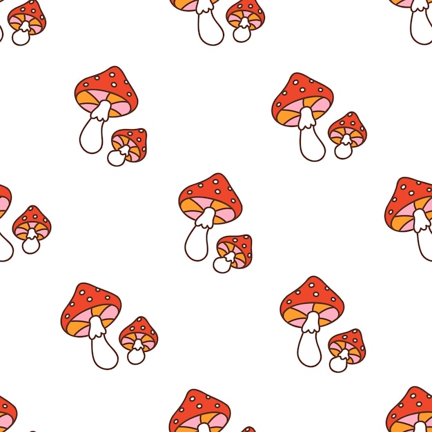 seamless pattern with fly agaric mushrooms in retro cartoon style colorful autumn illustration