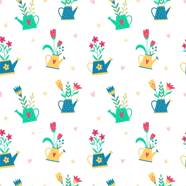 Seamless pattern with garden watering can with flowers Garden background Cartoon flat style vector