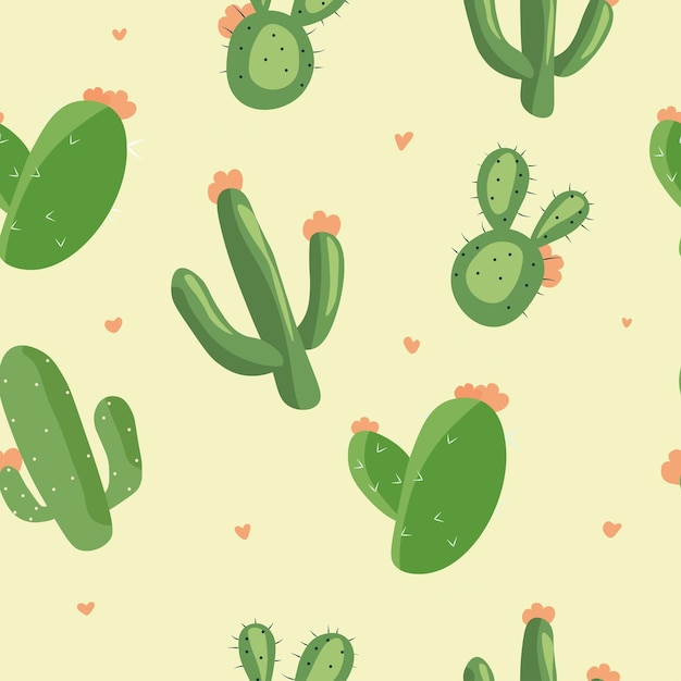 Seamless pattern with green cactuses and doodles on yellow background