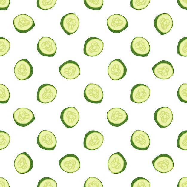Seamless pattern with green cucumber cut into pieces Delicious healthy vegetable print on white background fresh food for salad preparation harvest Vector flat illustration