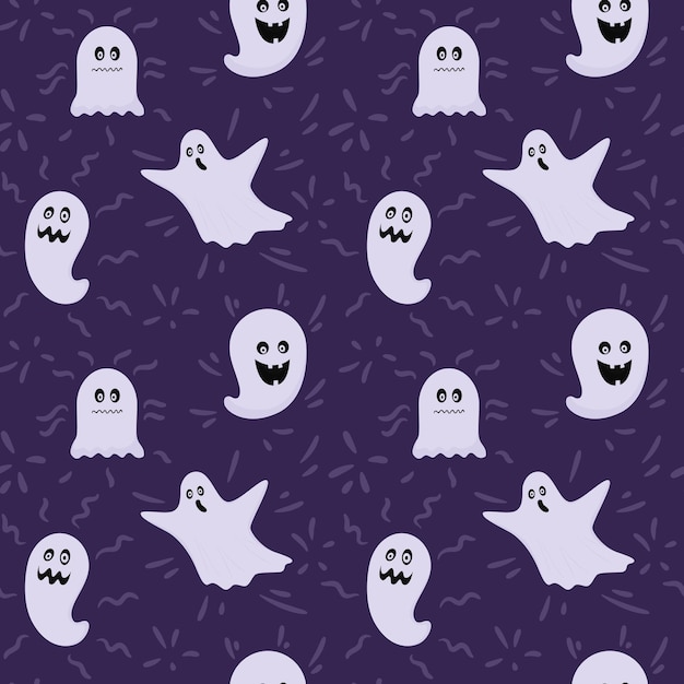 Seamless pattern with Halloween ghosts, phantoms. Scary, creepy. illustration on a dark background.
