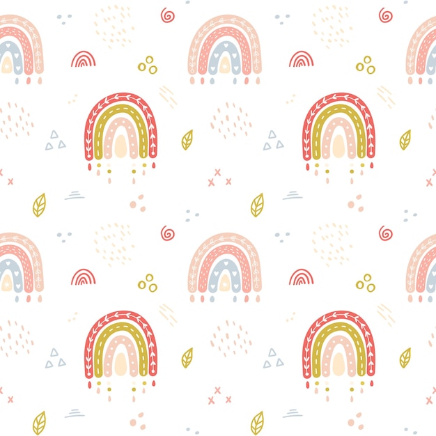 Seamless pattern with handdrawn cute boho rainbows in pastel colors and with textural touchesGreat for childrens textiles wallpaper baby clothes Cartoon vector illustration on a white background