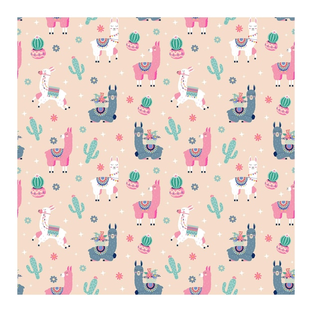 Seamless pattern with lama and cactus Vector background