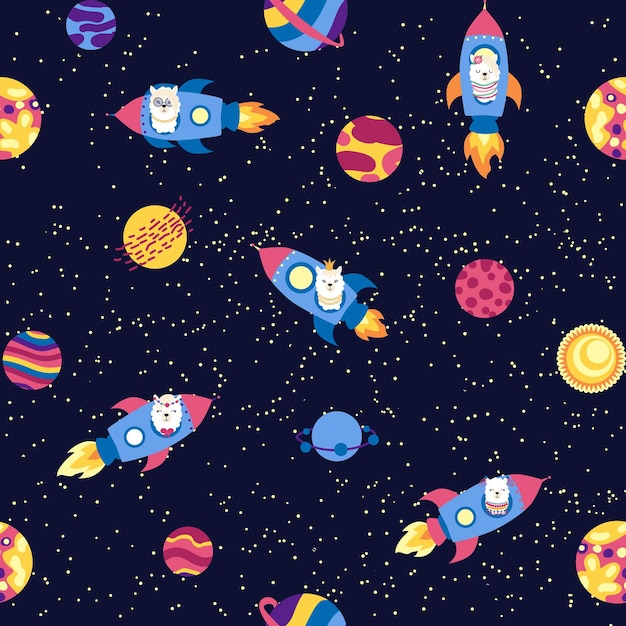 Seamless pattern with lama in a rocket in space Lama travels adventures among the stars Cute pattern with alpaca
