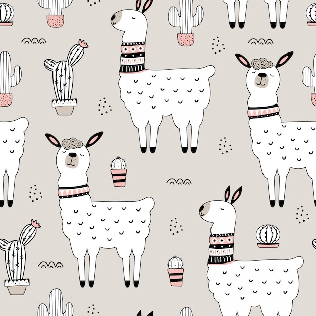 Seamless pattern with llama and cactus