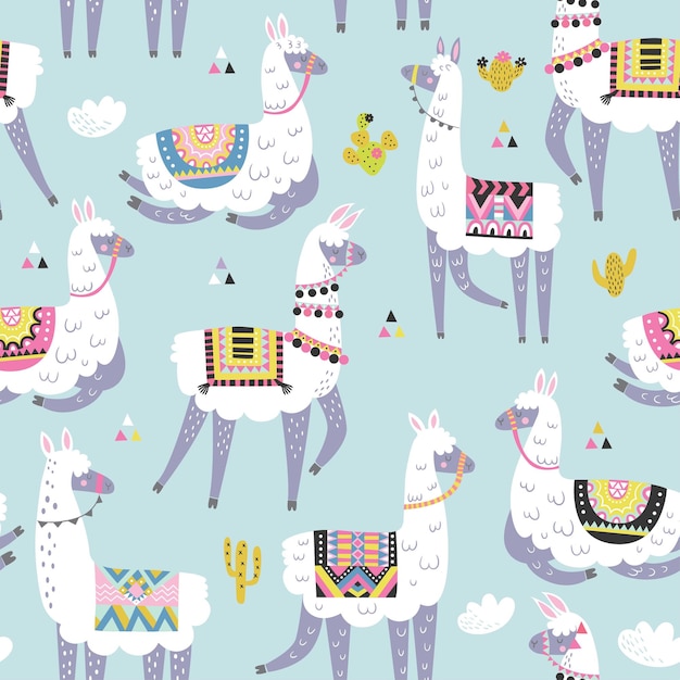 Seamless pattern with llama, cactus, rainbow and hand drawn elements.  