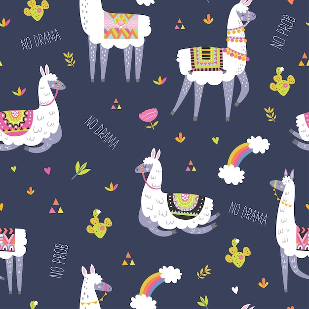 Seamless pattern with llama, cactus, rainbow and hand drawn elements.  