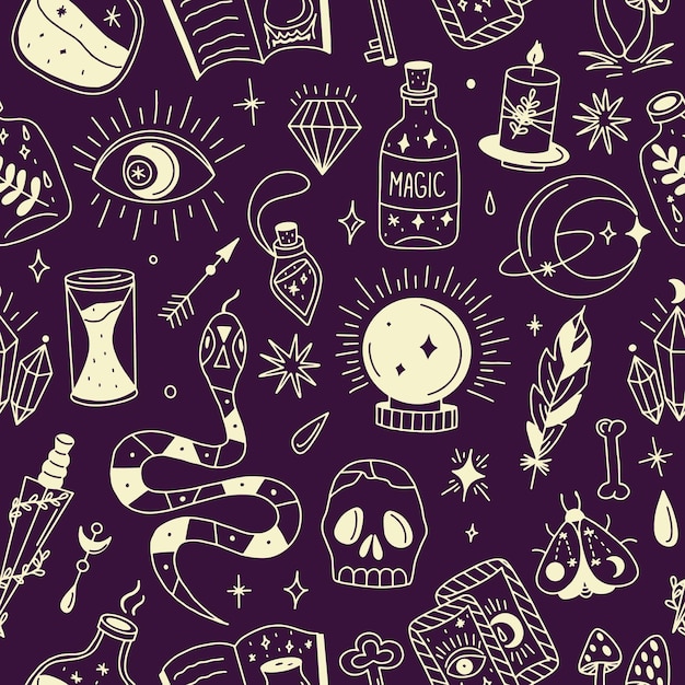 Seamless pattern with magic attributes in doodle style Vector illustration for your design