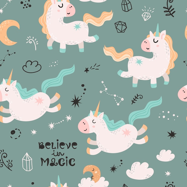Seamless pattern with magic unicorns.