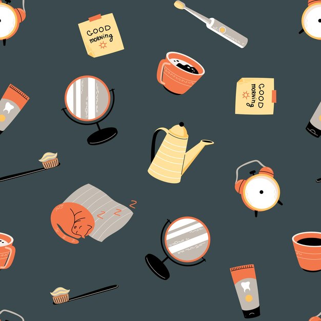 Seamless pattern with morning routine elements: alarm clock, mirror, coffee cup, toothpaste and toothbrushes etc.