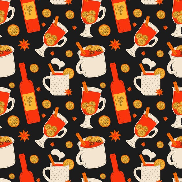 Seamless pattern with  mulled wine in  different cups and a bottle of wine. Vector