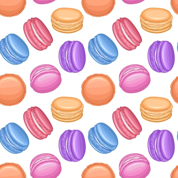 Seamless pattern with multicolored macaroons French cookies Pastry sweets collection cartoon style