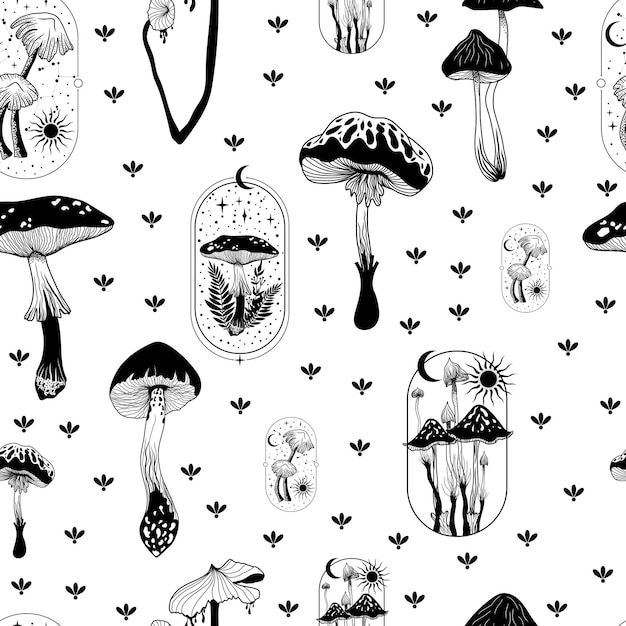 Seamless pattern with mushrooms Mystical mushrooms Pattern in boho style Vector illustration