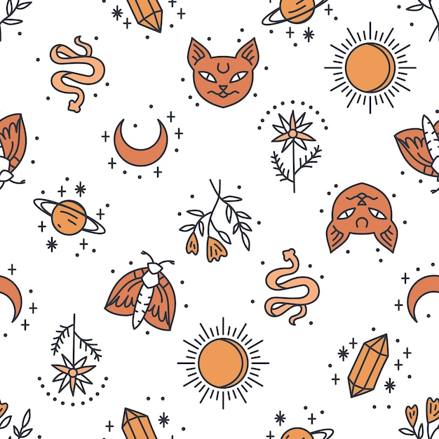 Seamless pattern with mystical boho elements in lineart style