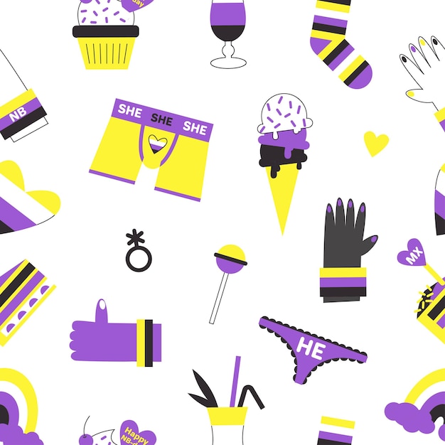 Seamless pattern with nonbinary symbols and flags for pride month