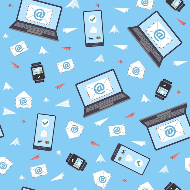 Seamless pattern with notebooks smart watches smartphones and letters Technology background electronic devices Decor textile wrapping paper wallpaper design Vector concept