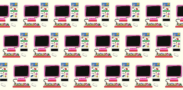 Seamless pattern with old retro computer in Y2k style vector background of computer in isometric