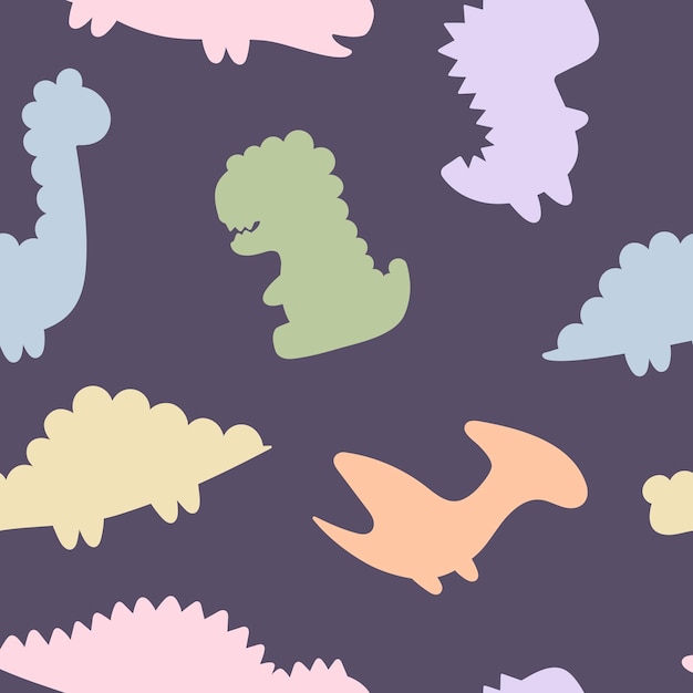 Seamless pattern with pretty dinosaurs in pastel colors on dark background Handdrawn