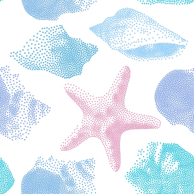 seamless  pattern with print of colorful shells and pearls on white background