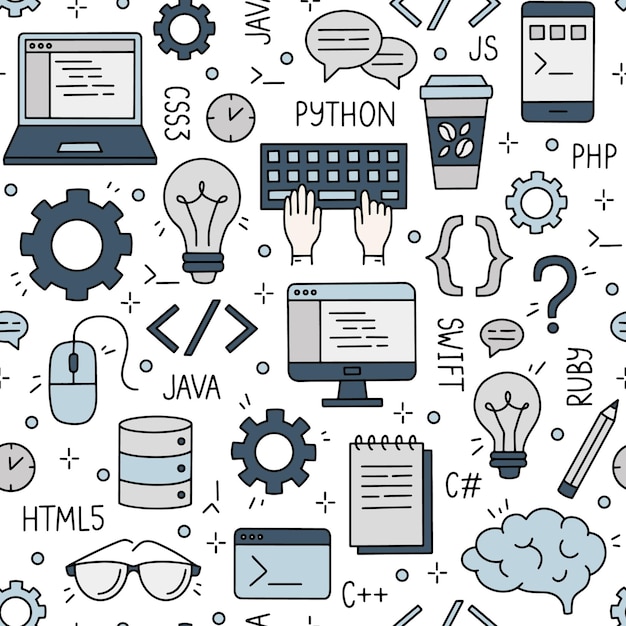 Seamless pattern with programming and developers Internet and coding
