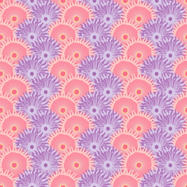 Seamless pattern with purple and pink round coral flowers underwater world