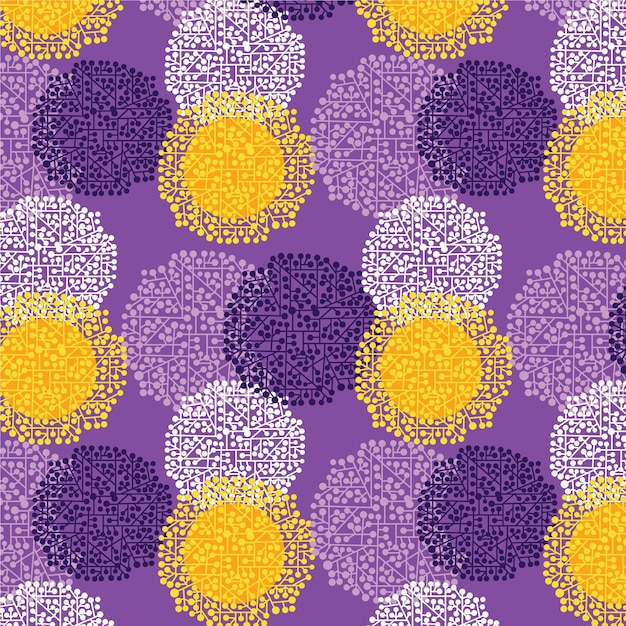 Seamless pattern with purple and yellow flowers on a purple background.