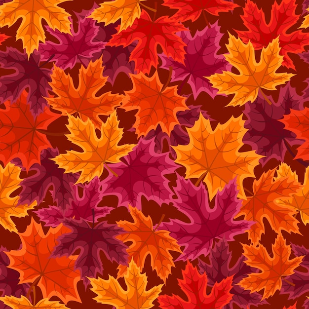 Seamless pattern with red orange and purple maple leaves