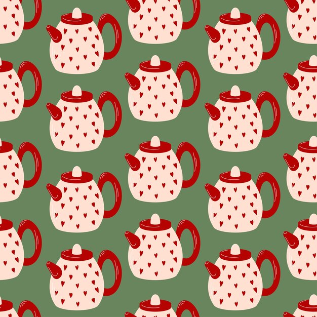 Seamless pattern with red teapots decorated with heart on a green background in flat style ideal for