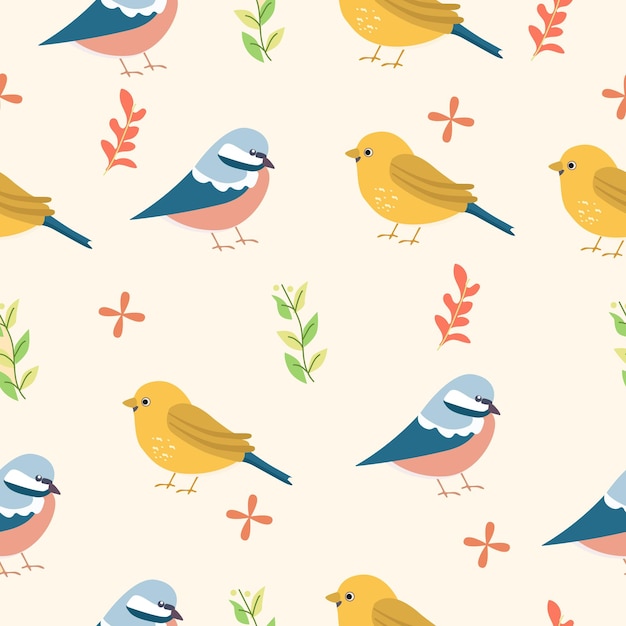 seamless pattern with small cartoon birds in yellow pink and red tones on a soft beige background