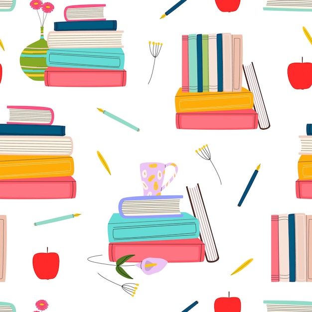 Seamless pattern with stacks of books. Decorative wallpaper for book lovers.