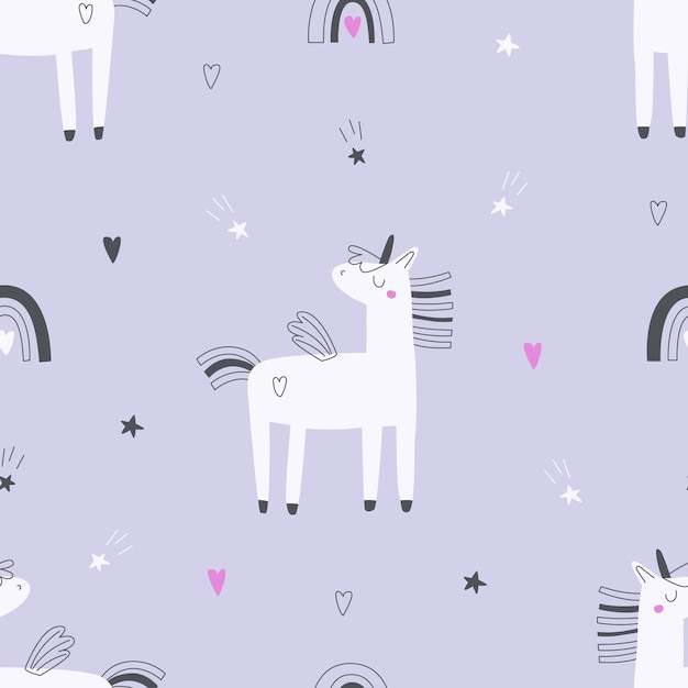 Seamless pattern with unicorns, hearts and stars on a colored background. Vector illustration