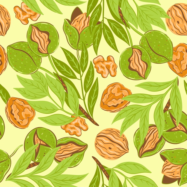 seamless pattern with walnut branches and fruits vector graphics