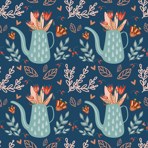 seamless pattern with watering can and flowers for textiles packaging wallpaper
