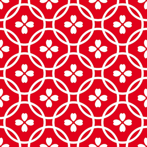 Seamless pattern with white circles and flowers and red background. Geometric tiles seamless pattern