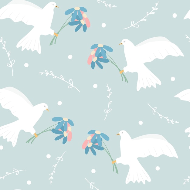 seamless pattern with white doves of peace birds with daisy flowers
