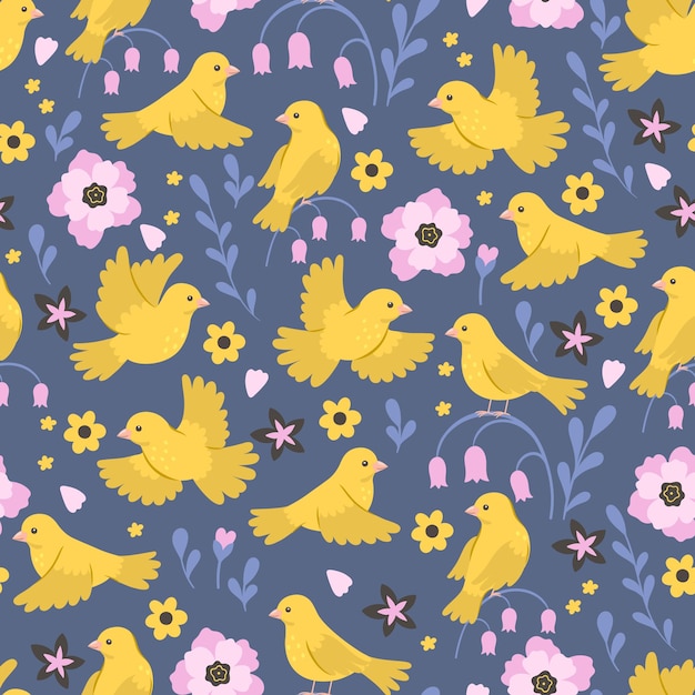 Seamless pattern with yellow canaries birds and flowers Vector graphics