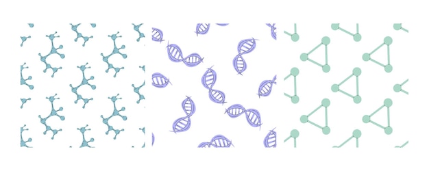 Seamless patterns with molecules DNA strands and geometric connections in flat doodle style