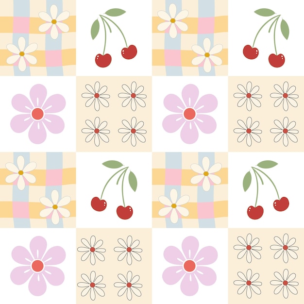 seamless retro floral and cherry patchwork pattern cute vintage cottagecore aesthetic