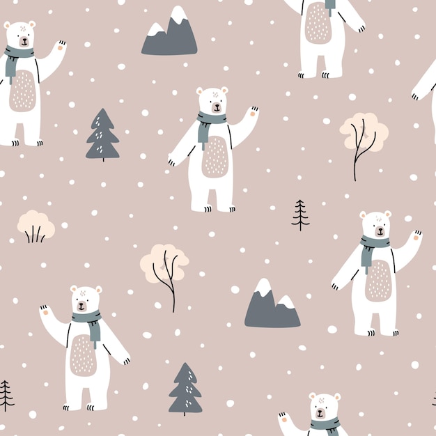 Seamless scandinavian pattern with cute white bear in the wood Snow forest