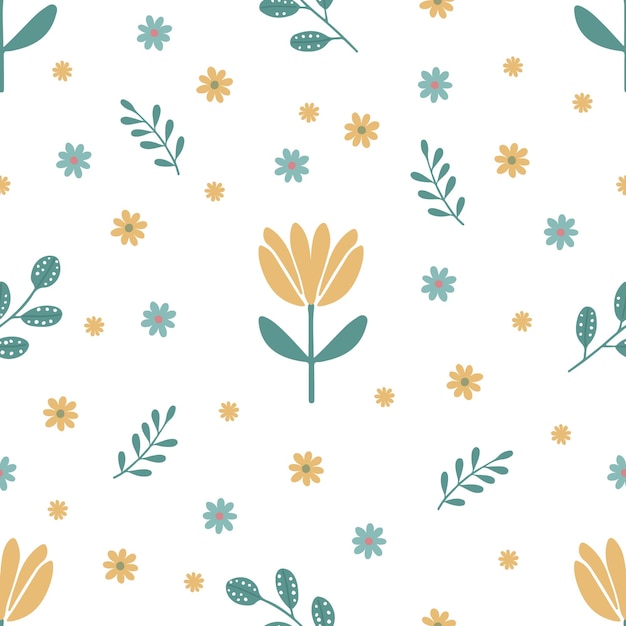 Seamless spring pattern with yellow tulips daisies and green twigs on a white background
